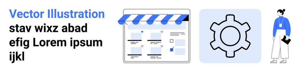 Three main elements include a webpage under a storefront awning, a gear icon, and a businessperson holding documents. Ideal for online business, startups, user interface, business solutions