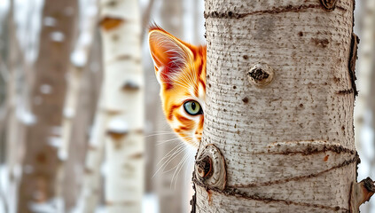 Blurred bokeh effect, strong moody style, high-resolution, ginger cat with orange, black, and white striped fur partially hidden behind a birch tree in a snowy forest, cat's face visible, textured bir
