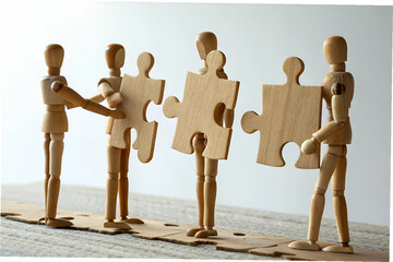 group interactions, Wooden figurines collaborate to solve a puzzle representing teamwork, collaboration, and unity in a creative and artistic setting with natural light