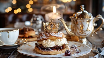 Fototapeta premium Elegant Dessert Display with Crown and Tea Set on Rustic Table