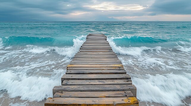 A wooden pier stretching into the serene ocean waves