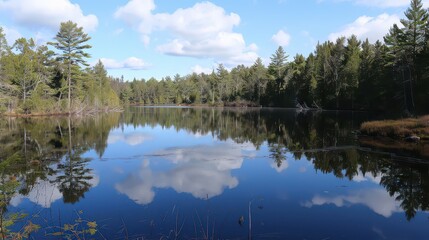 Fototapeta premium A tranquil lake surrounded by pine trees, reflecting the blue sky and clouds