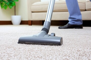 Vacuum cleaner on carpet, person cleaning carpet in a living room, close-up of vacuum head.