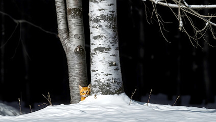 Blurred bokeh effect, strong moody style, high-resolution, ginger cat with orange, black, and white striped fur partially hidden behind a birch tree in a snowy forest, cat's face visible, textured bir