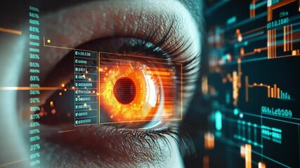 Animation of financial data processing and scope scanning over eye - Powered by Adobe