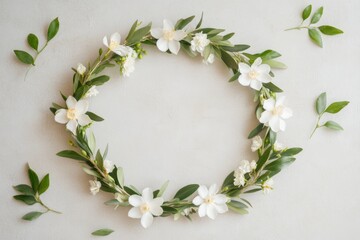 Delicate Floral Wreath Made of White Flowers and Green Leaves Arranged on a Neutral Background