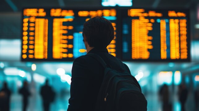 He is wearing a backpack and he is waiting for a train