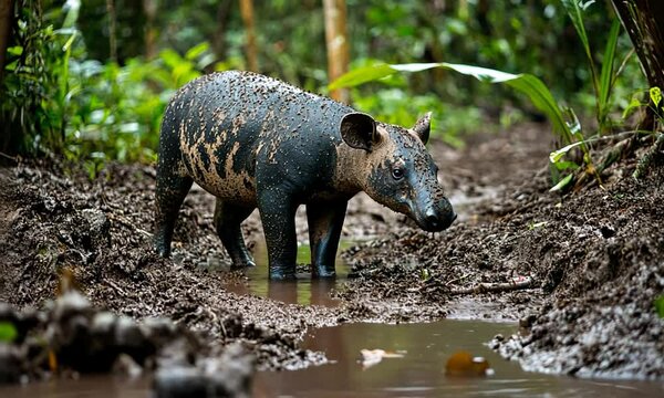 A tapir wades through a muddy forest path, surrounded by lush greenery and tropical foliage