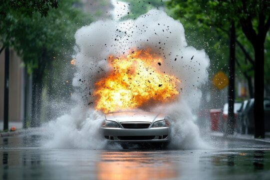 Car explodes on a wet city street, flames and debris fly into the air, creating a dramatic scene of destruction.