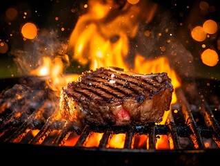 Juicy steak on a grill with flames licking the surface creating a dynamic action scene of cooking process