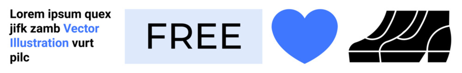 Bold FREE text next to a blue heart icon and black shoe graphic, accompanied by placeholder text. Ideal for advertising, branding, promotions, typography, modern graphics, minimalism, flat landing