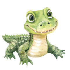Fototapeta premium Watercolor crocodile illustration, cute green reptile character art, hand painted animal clipart for kids design isolated on Transparent Background