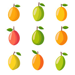Very Simple flat 2D icon colorful mango set collection isolated on a white background, vector, flat design, animation design, simple flat 2D icon, minimalist design, clipart
