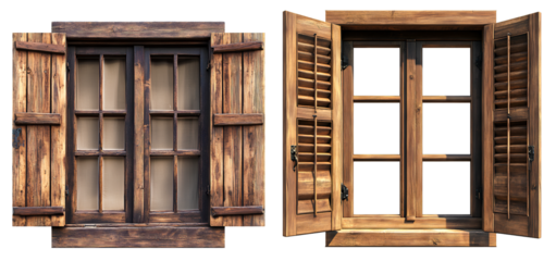 Wooden window with open shutters on a transparent backgroun