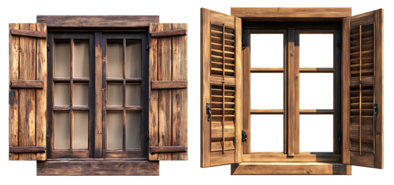 Wooden window with open shutters on a transparent backgroun