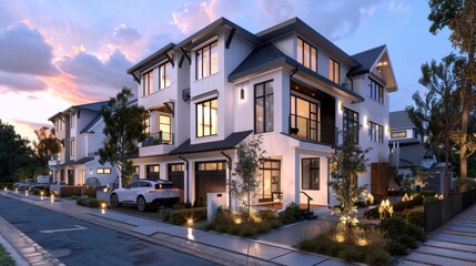 Fototapeta premium Modern Townhouses with Beautiful Landscape at Sunset in Suburb