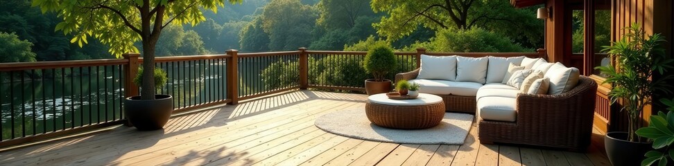 Obraz premium Large composite deck, comfortable wicker seating, wood grain, comfort