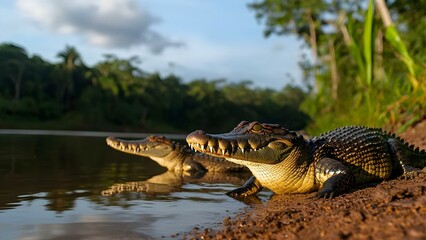 Fototapeta premium Crocodiles resting on the riverbank in a lush tropical setting with trees and a calm water surface. Concept Crocodiles in Nature, Riverbank Habitat, Tropical Ecosystem, Serene Water Scenes