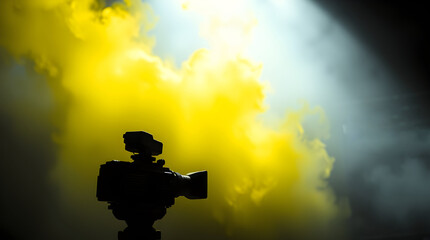 Silhouette of a camera against a backdrop of bright yellow smoke and dramatic lighting.