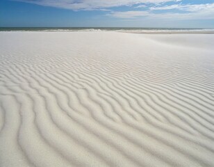 흰 모래 위에 펼쳐진 물결 무늬.여름의 바닷가 배경.