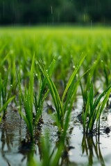 Fototapeta premium Close-up of young rice plants thriving in a flooded paddy field under natural light during a rain shower