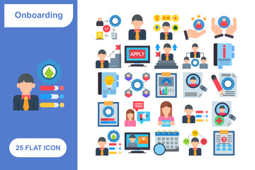 Onboarding Flat Icon Set, Collection of 25 Onboarding Flat Icon Set – 25 Employee, Training, and HR Process Icons