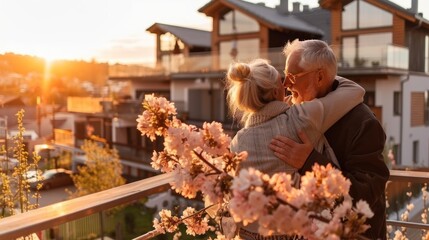 Elderly couple embracing during sunset on a balcony with flowers