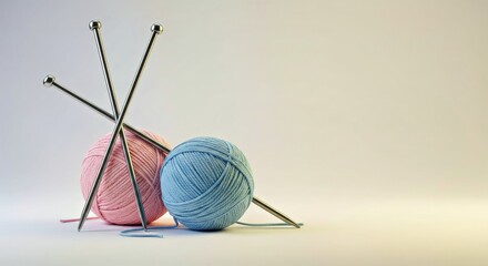 Visualize Stylized Knitting Needles, Rendered in Polished Steel Metal, With a Ball of Soft Wool Yarn in a Pastel Color