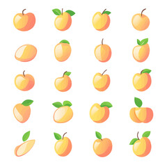 Very Simple flat 2D icon peach set isolated on a white background, vector, flat design, vector, flat design, animation design, flat 2D icon, minimalist design, vector