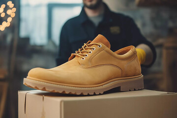 Worker carefully packages completed shoes in a shoemaking workshop while ensuring quality control and attention to detail
