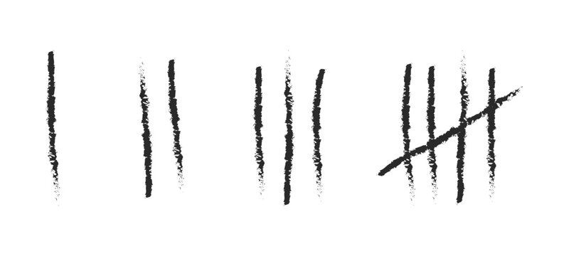 Grunge Tally Marks, Line or sticks doodle with brush strokes crossed out. Simple mathematical count visualization, prison or jail wall counter. Isolated vector illustration