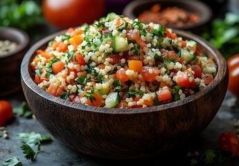 Rustic Wooden Bowl of Colorful Couscous Salad with Fresh Ingredients

