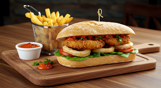 South African Gatsby sandwich with soft bread, fried calamari, and peri-peri sauce 