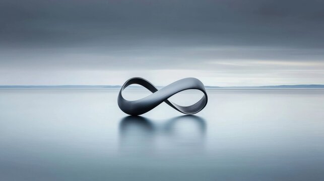 A black infinity symbol sculpture is centered on a calm body of water.