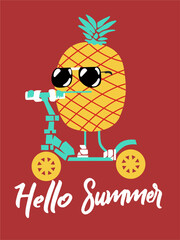 pineapple playing with scooter cartoon hand drawn illustration vector