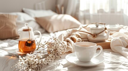 Fototapeta premium Cozy Morning Scene with Tea and Flowers on a Bed