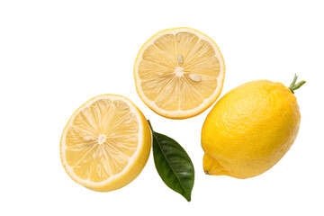two and a half yellow lemons with leaves isolated on transparent background png
