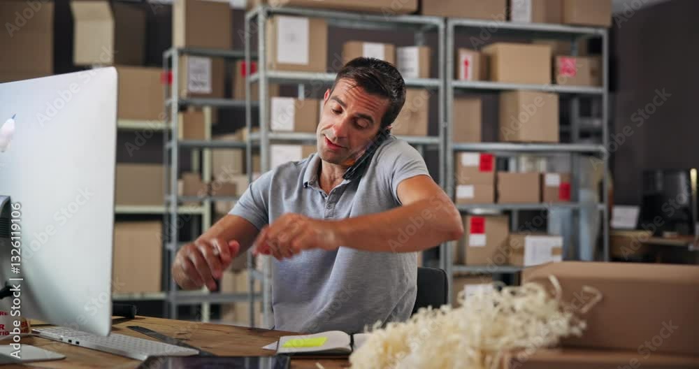 Aufkleber Logistics, man and phone call with sticky notes in warehouse for order reminder and package update. Fashion retailer, online shop and business owner with client communication for delivery schedule