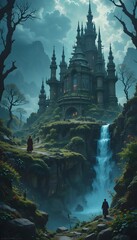 The image is a digital illustration of a fantasy castle in the middle of a mountainous landscape. The castle is a large, ornate structure with multiple towers and turrets, and is surrounded by lush gr