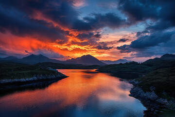 Fototapeta premium Fiery sunset reflecting on calm lake in scottish highlands