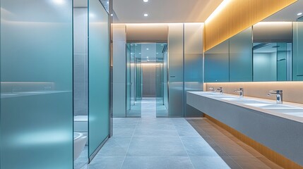 A frosted glass WC door with sleek aluminum framing in a modern office restroom 