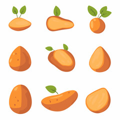 Very Simple flat 2D icon brown sweet potato with leaf set isolated on a white background, vector, flat design, vector, flat design, animation design, flat 2D icon, minimalist design, vector
