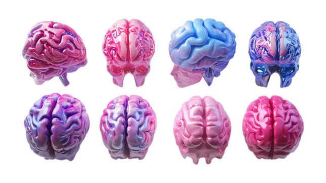 PNG Brain Set in Different Poses on Transparent Background for Science Illustration, Medical Education, or Neuroscience Design