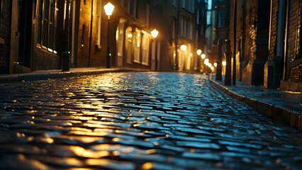 A cobblestone street illuminated by vintage lamp posts, reflecting warm light after rain, creating an atmospheric evening scene. Concept Cobblestone Street, Vintage Lamp Posts, Warm Light Reflection