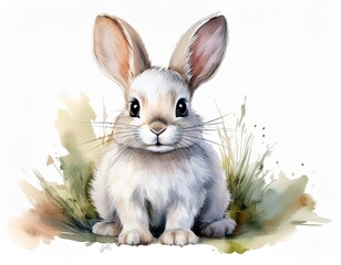 Fototapeta premium White bunny isolated on white background, watercolor illustration. Generated image