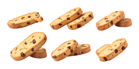 Several slices of crisp biscotti cookies studded with dark chocolate chips arranged for food packaging mockups and promotions.