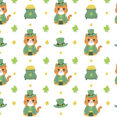 Cute leprechaun cat seamless pattern, vector illustration featuring shamrocks, pots of gold, and green hats for St. Patrick’s Day wrapping paper and textile design