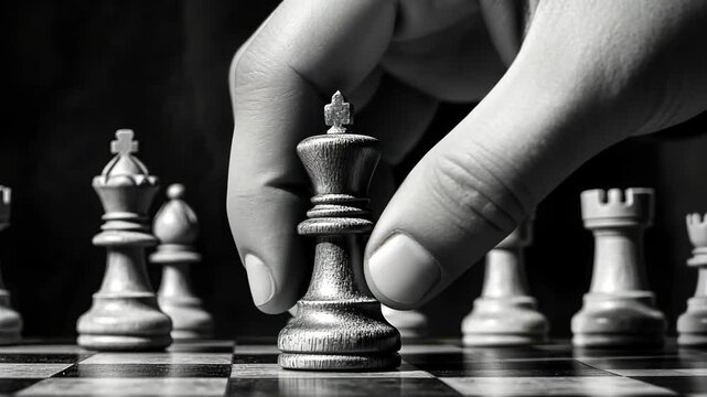 Hand moves chess king in strategic black and white game sequence