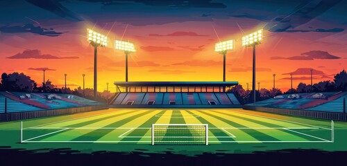 Soccer field at sunset, stadium lights on, stands empty.