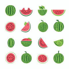 Very Simple flat 2D icon sliced watermelon with leaves isolated on a white background, vector, flat design, vector, flat design, animation design, flat 2D icon, minimalist design, vector